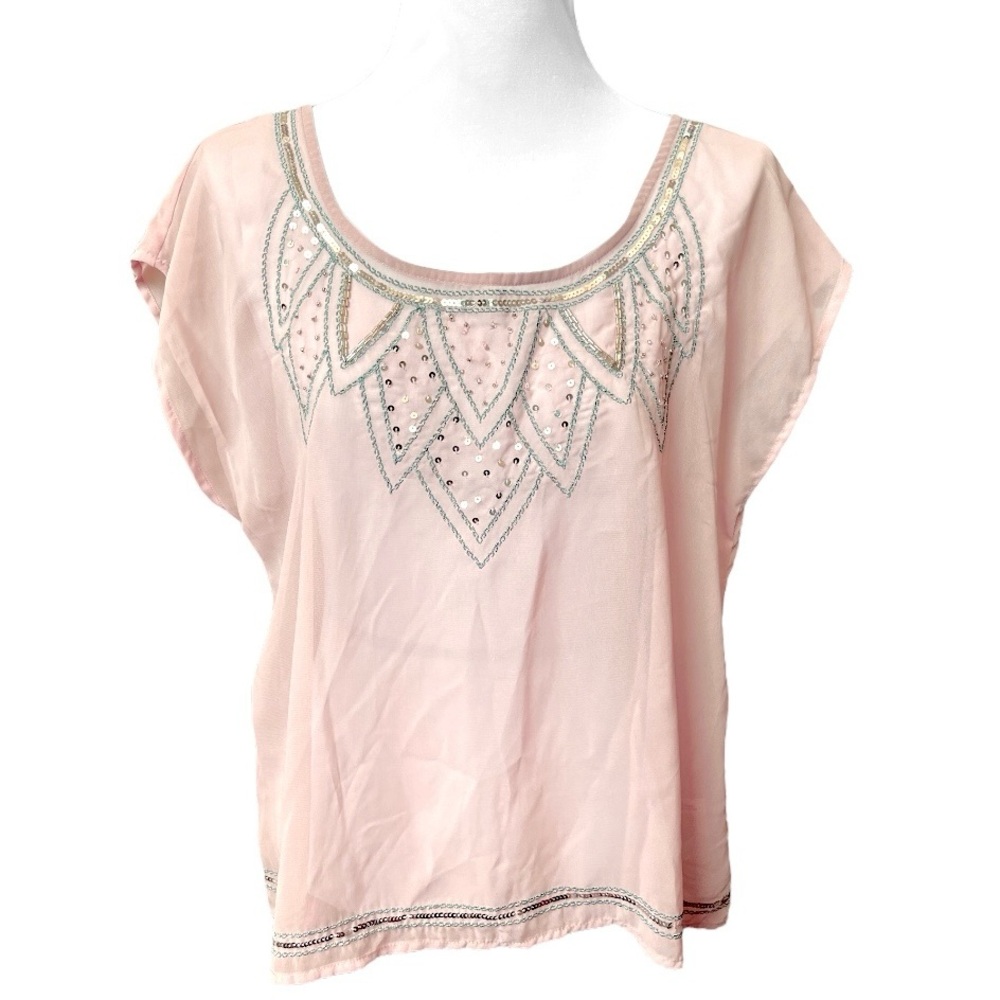 NWT Decree Peach See-Through Tunic with striped back Sequins Round Neck Size L